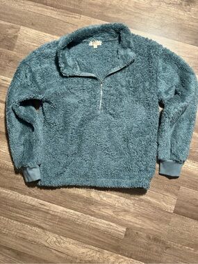 Plush Half-Zip Sherpa Pullover in Teal Blue
